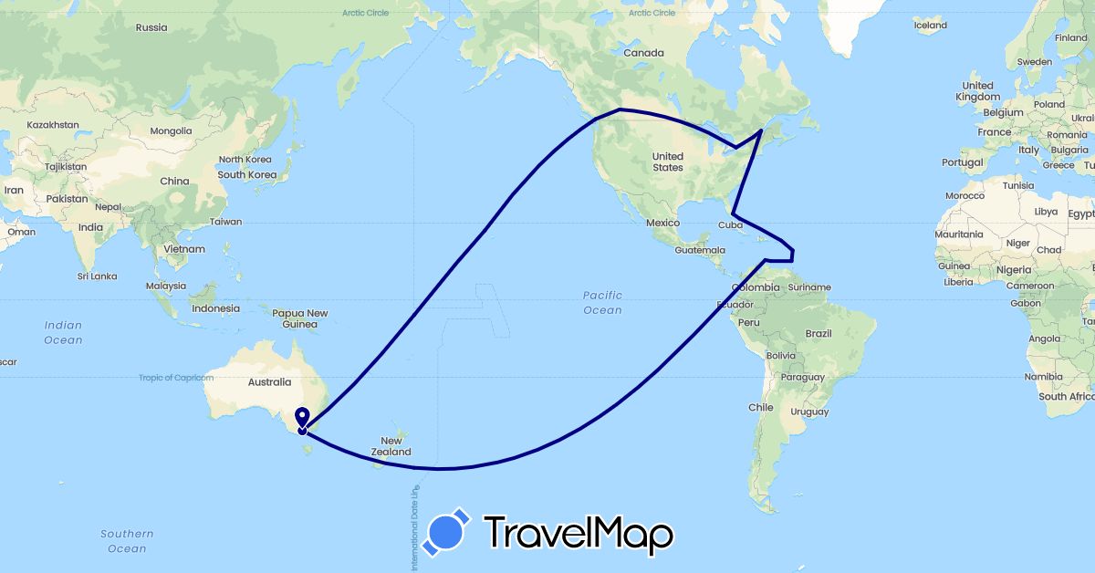 TravelMap itinerary: driving in Australia, Bahamas, Canada, Dominica, Grenada, Netherlands, United States (Europe, North America, Oceania)